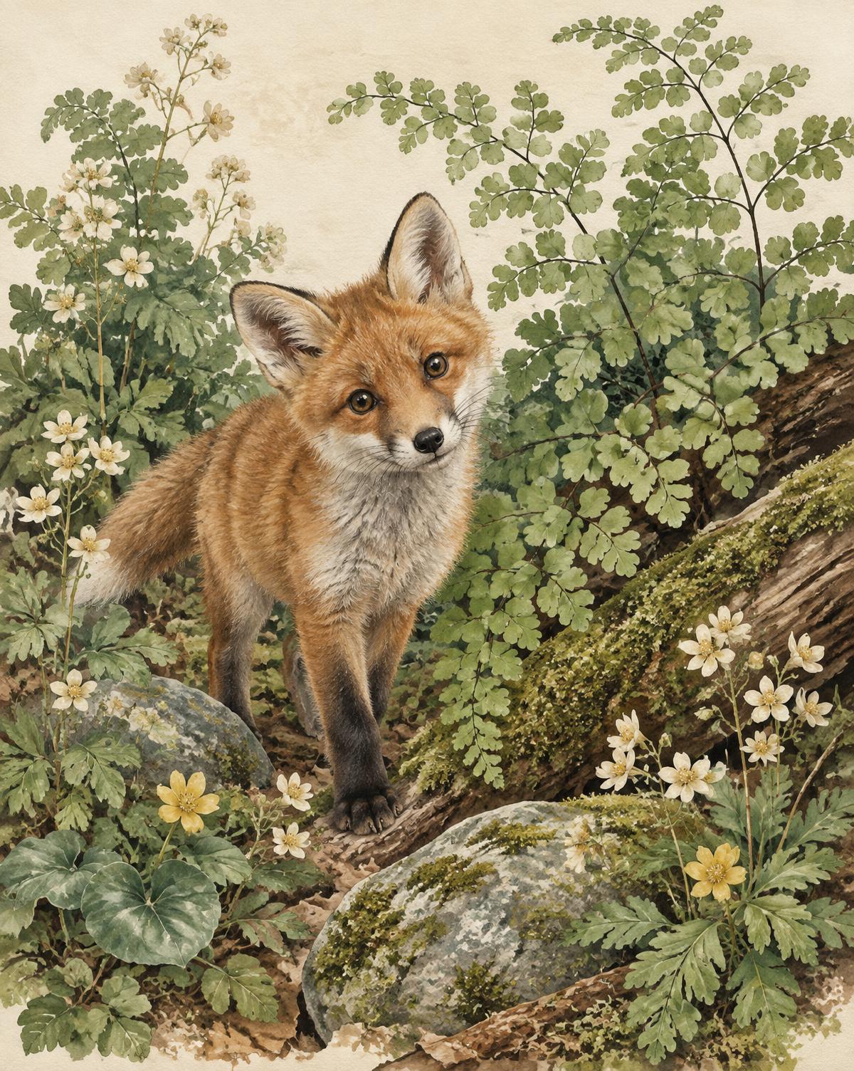 Painted fox among ferns and wildflowers