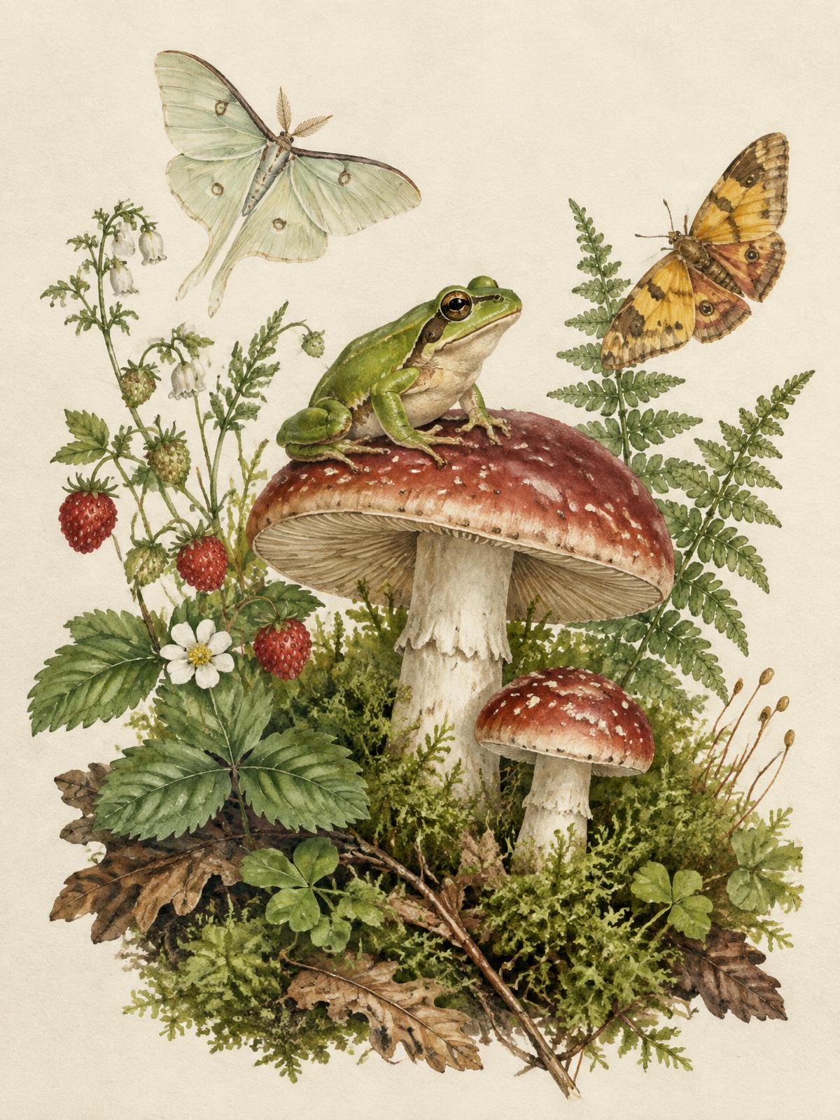Painted tree frog on a mushroom with moths and woodland plants