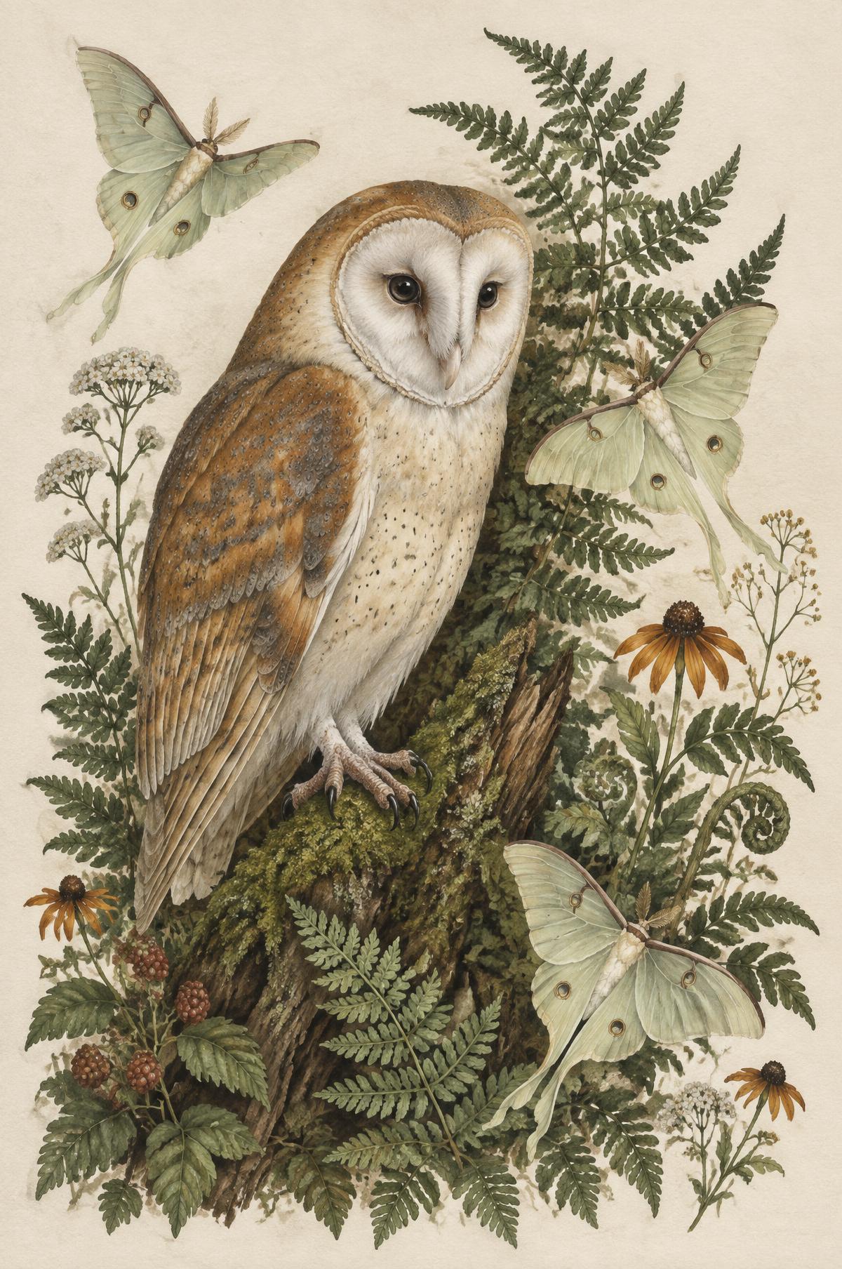 Painted barn owl with moon moths, ferns, and flowers